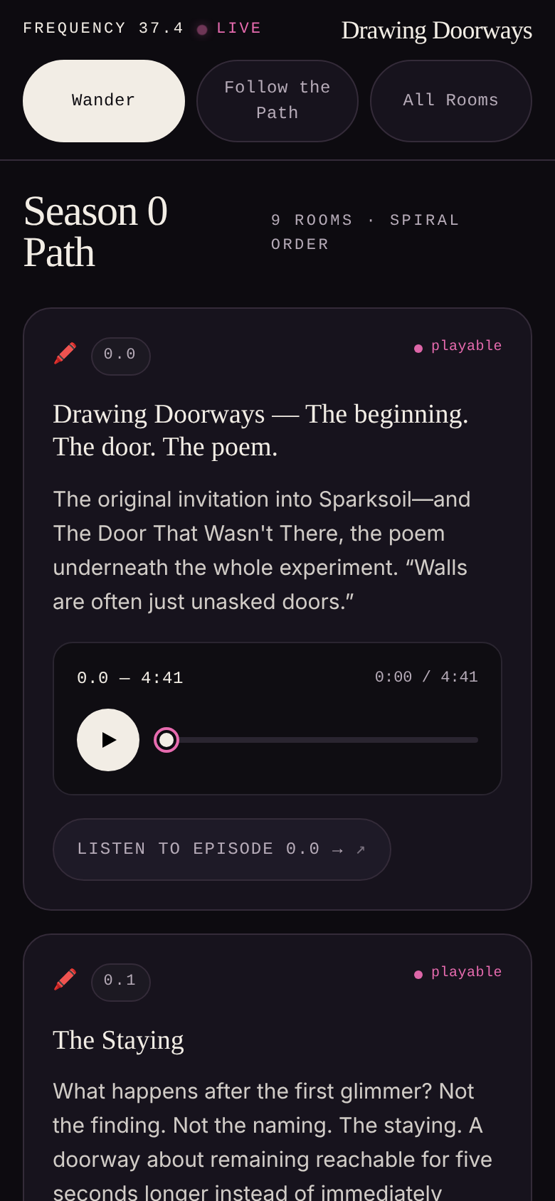 A screenshot of the Frequency 37.4 listening environment showing the Season 0 path, with the first room, 0.0, ready to play.